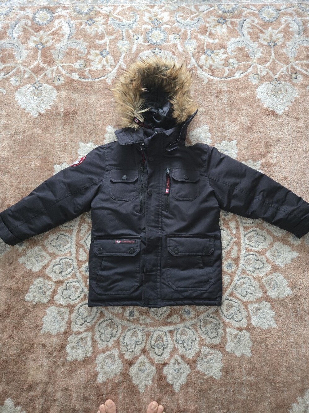 Kids Black Winter Parka with Faux Fur Hood